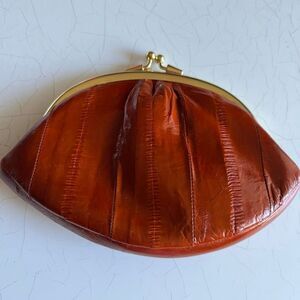 Lee Sands Eel Skin Double Kiss Lock Brown Coin Purse Clutch Wallet